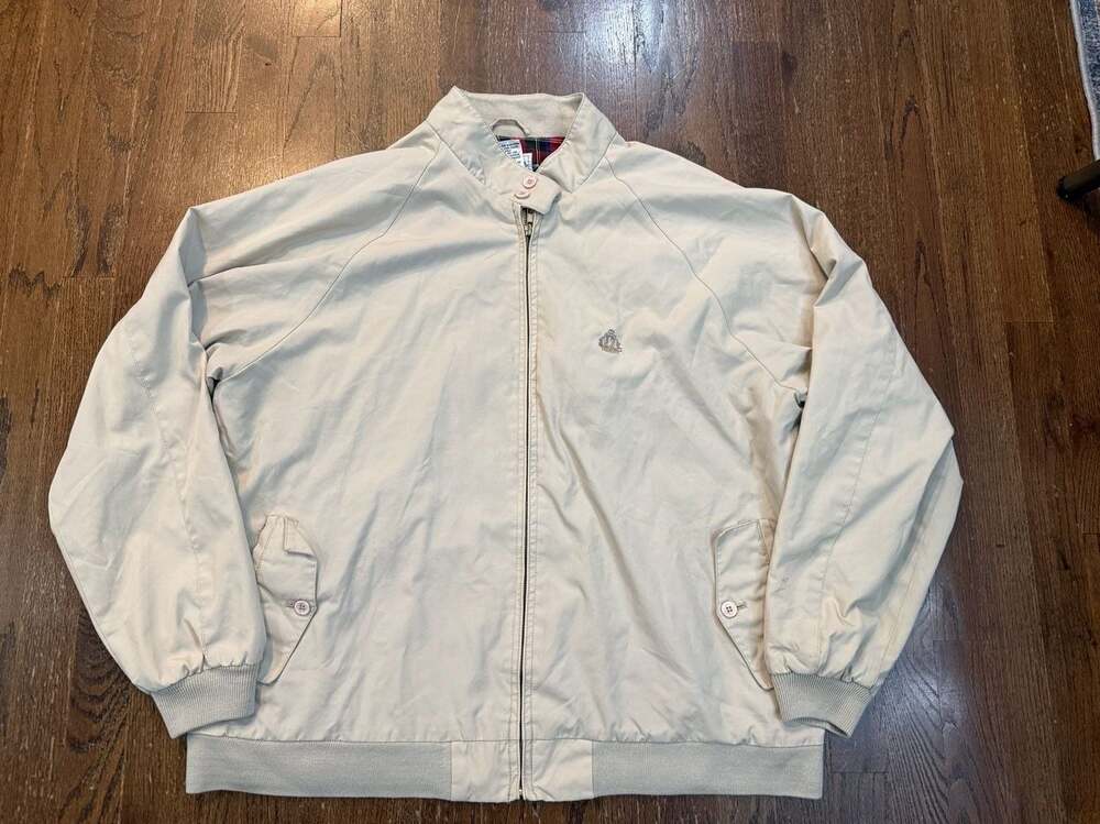 Vintage IZOD  Men's Beige Harrington Jacket Plaid Lining and Embroidered Crest